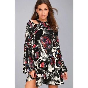 Free People Drift Away Tunic Dress Women's Small Black Floral Cold Shoulder